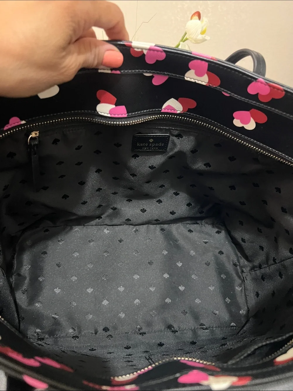 Kate Spade Margareta Black Tote with Pink and White Heart Print EUC retail $359
